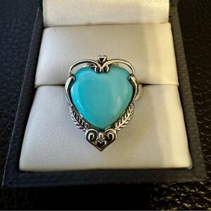 Heart Shaped Sleeping Beauty Turquoise Rhodium over silver. Sz 7.